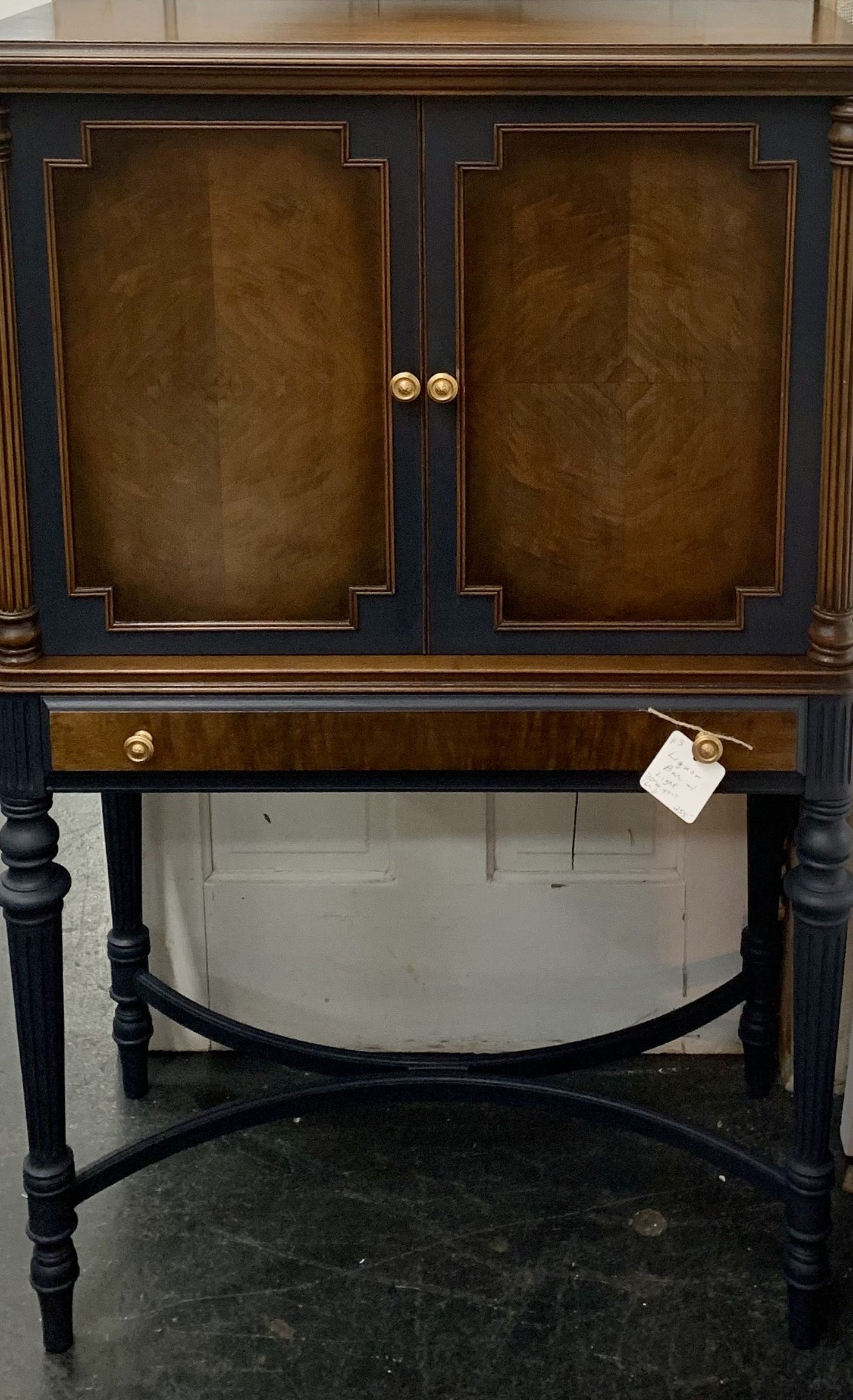 Walnut and Navy Bar Cabinet