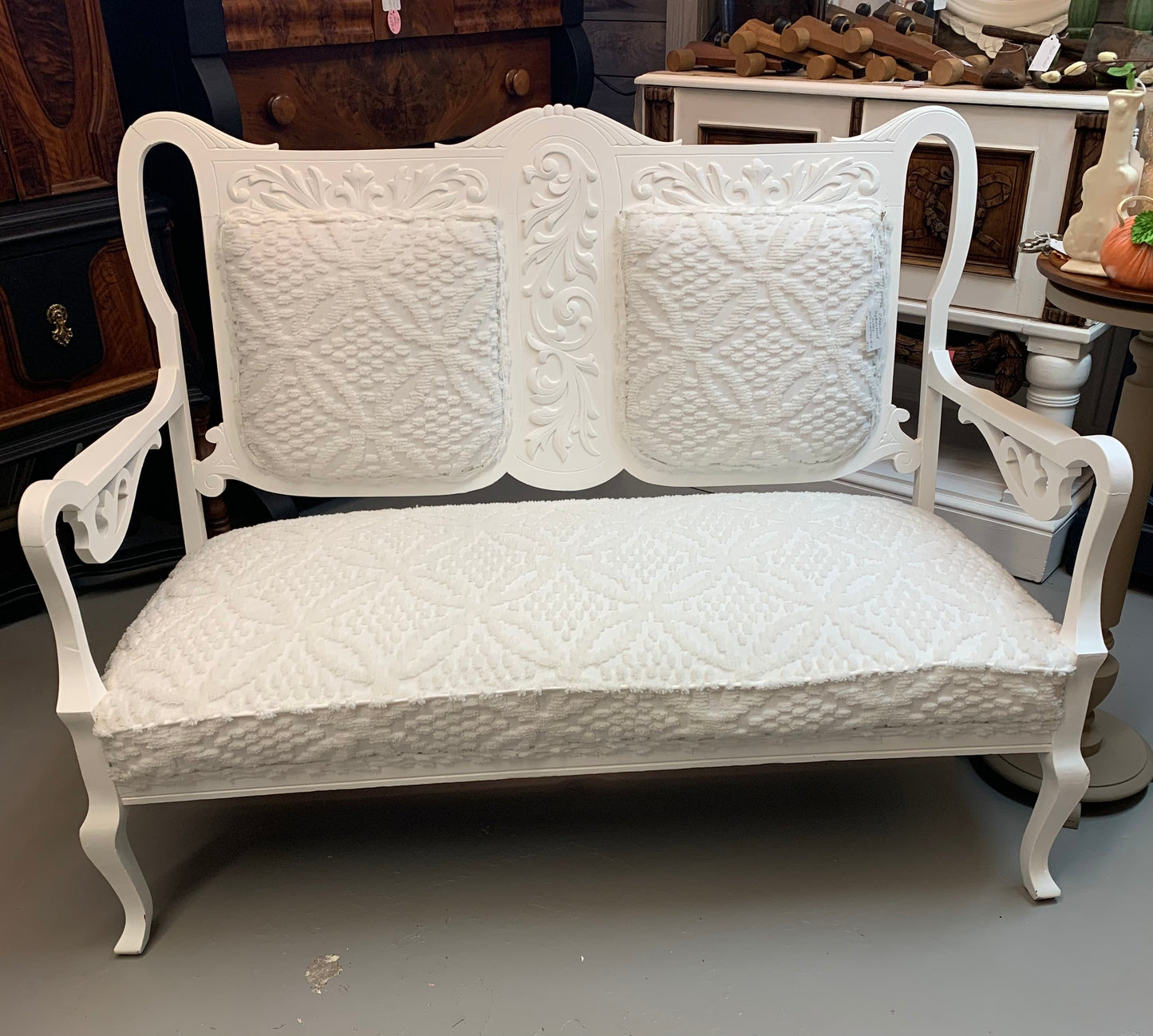 White Setee in Chenille Upholstery