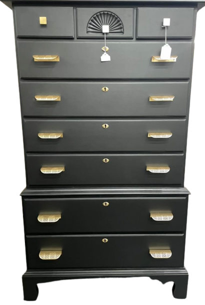 Highboy Chest Painted Black with Modern Brass Pulls