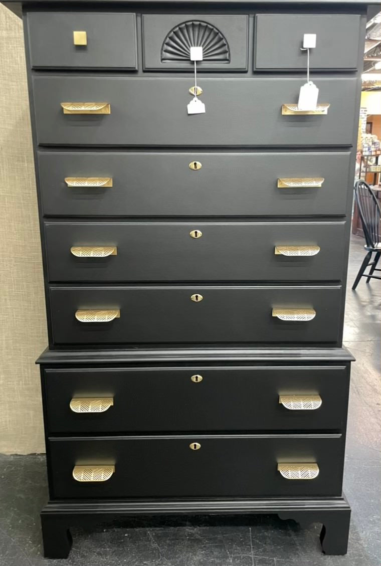 Highboy Chest Painted Black with Modern Brass Pulls