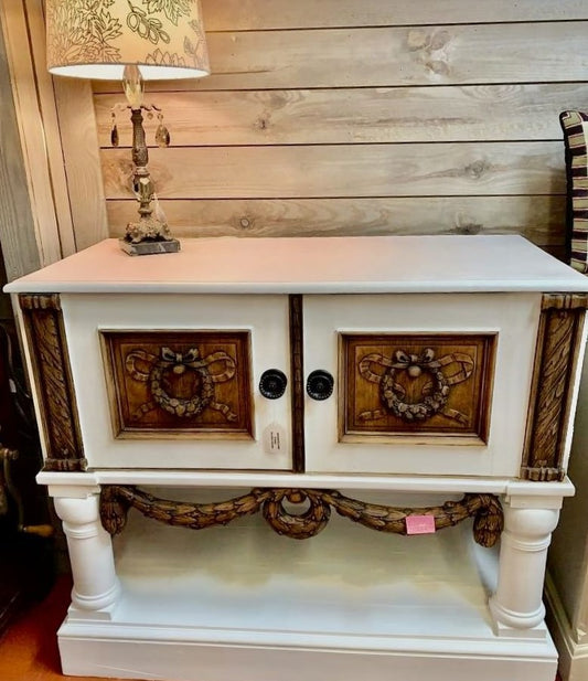 White and Oak Wood Chest with Carved Wreaths