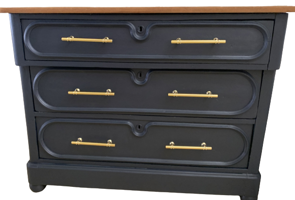 Navy Chest with Natural Wood Top and Brass Handles