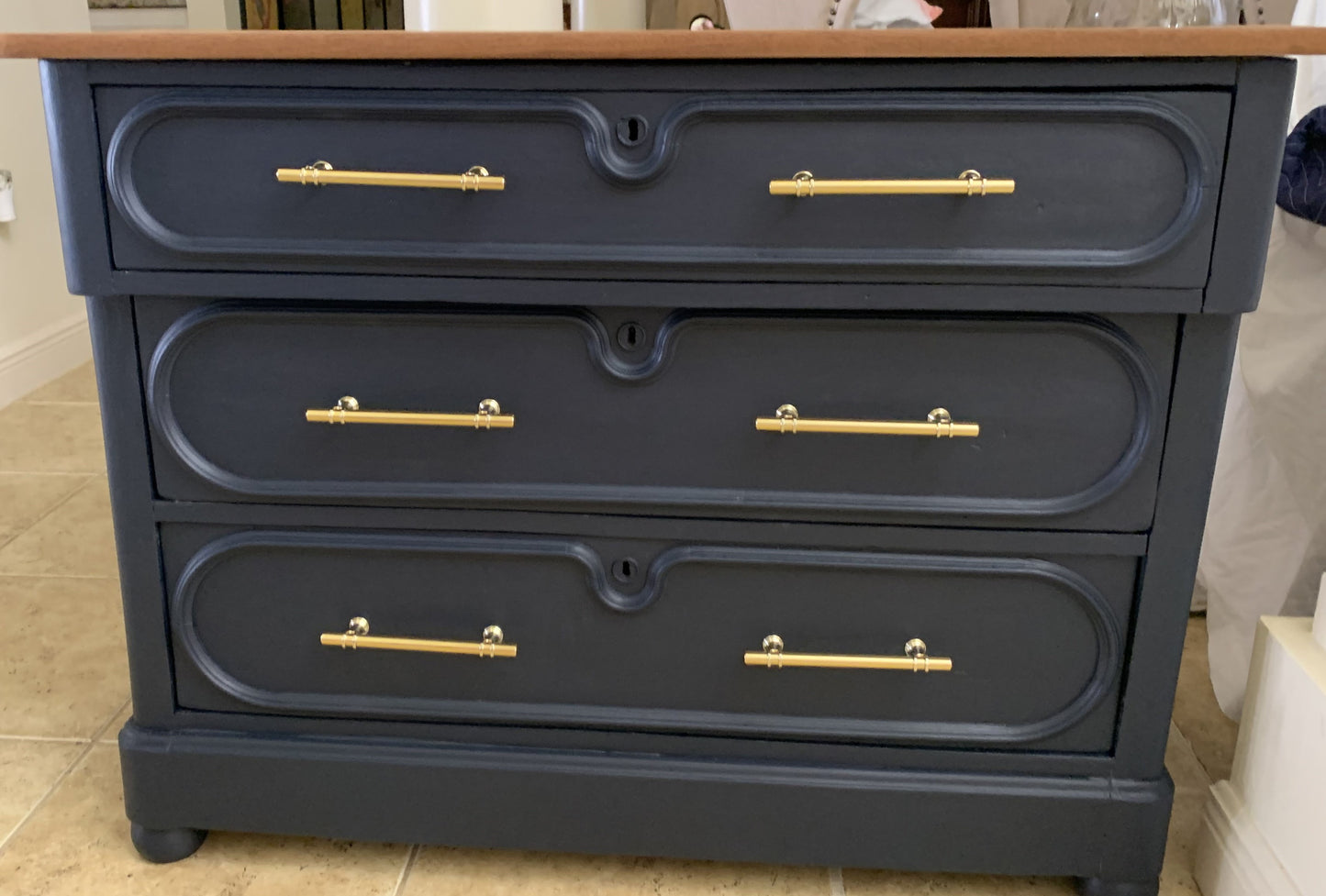 Navy Chest with Natural Wood Top and Brass Handles